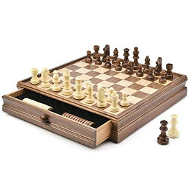 チェスセット AMEROUS 15" x 15" Wooden Chess & Checkers Set with Built-in Storage Drawers / Weighted Chess Pieces / 2 Bonus Extra Queens / 24 Cherkers Pieces / Classic 2in1 Board Games Chess Sets for Kids, Adults 【並行輸入品】