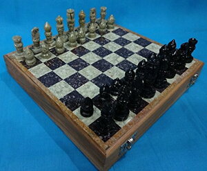 `FXZbg CraftLooks 16" inch Chess Board with Wooden Base & Stone Inlay Work & Stone Pieces Game Set ~ Marble Stone Art Unique Indian Handmade Gift Tournament Chess Piece Storage, Hand Carved Stone Inlaid ysAiz