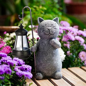 �A�j�}�� �K�[�f�����C�gLED�\�[���[���C�g �\�[���[�p���[ Qeeman Solar Garden Statue Cat Figurine- Garden Art with Solar Lantern, Loving Cat for Patio,Balcony,Yard, Lawn-Unique Housewarming Gift for Garden Mom Grandma �y���s�A��