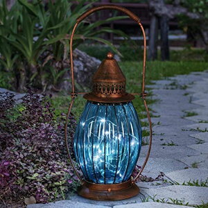 �z�^�����C�g �K�[�f�����C�gLED�\�[���[���C�g �\�[���[�p���[ Exhart Outdoor Garden Solar Lights, Antique Tabletop Glass and Metal Garden Lantern, 15 Firefly LED Lights, 6.5 x 14 Inch, Sea Blue �y���s�A���i�z