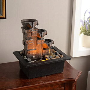   ̃IuWF e[ugbvt@Ee CeA GOSSI Imitation 3-Tier Stone Wall Tabletop Fountain Many Natural River Rock Office Relaxing Waterfall Meditation Tabletop Fountain LED Lights Fountain(22070) y