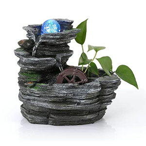   ̃IuWF e[ugbvt@Ee CeA POWLAB Tabletop Water Fountain,Environmental Resin Meditation Fountain,Desktop Fountain with Waterwheel,Indoor Waterfall Feature with Crystal Ball and Light for 