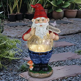 ガーデンライトLEDソーラーライト ソーラーパワー Exhart Garden Gnome, Solar Garden Sculpture with Welcome Sign and Crackle Ball Belly, 12 LED Fireflies, Outdoor Lawn and Yard Decoration, 8.5 x 6.5 x 16.5 Inch 【並行輸入品】