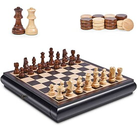 チェスセット VAMSLOVE Wooden Chess Checkers Game Set 15.5" Large Size Board w/Storage Drawers, Weighted Chess Pieces - 2 Extra Queens 3" King, Gift for Birthday Housewarming Retirement - Black 【並行輸入品】