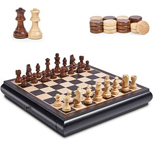 `FXZbg VAMSLOVE Wooden Chess Checkers Game Set 15.5" Large Size Board w/Storage Drawers, Weighted Chess Pieces - 2 Extra Queens 3" King, Gift for Birthday Housewarming Retirement - Black ysAiz