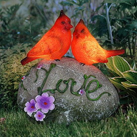 ガーデンライトLEDソーラーライト ソーラーパワー Exhart Garden Sculpture, Solar Red Cardinals Garden Statue with Love Rock, LED Lights, Outdoor Lawn and Yard Decoration, 7.5 x 4.5 x 8 Inch 【並行輸入品】