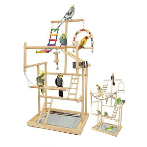 �C���R ���� �o�[�h �g���x���L�����A�[ Bird Playstand Parrot Playground Wood Play Stand Gym Perch 4 Ladder Playgym with Exercise Toys Swings Feeder Cups for Cockatoos Lovebirds Playgym Parakeets Cage Accessories �y���s�A���i�z