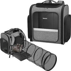 �C���R ���� �o�[�h �g���x���L�����A�[ Pawtners Cat Carrier Backpacks with Expandable Cat Play Tunnel, Airline Approved Pet Backpack for Small Dogs & Large Cats Up to 25 Lbs, Foldable Cat Travel Carrier for Vet Hiking Camping-Grey �y���s