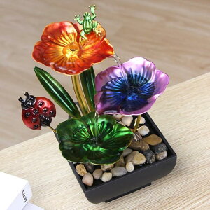   ̃IuWF e[ugbvt@Ee CeA TiCin USB-Powered 3 Tier Tabletop Fountain, Metal Pedals with Insects, Natural River Rocks, and Reflective Lighting! for Home and Office Decor, Housewarming Scul