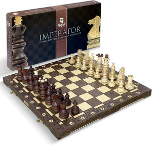 `FXZbg Wegiel Imperator 21-Inch Luxury Wooden Chess Set for Adults and Kids - Handcrafted from Premium Beech and Birch Wood - Unique Folding Design with Chess Piece Storage, Brown