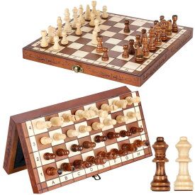 チェスセット Syrace Magnetic Chess & Checkers Set Board Games, Kids and Adults Wooden Foldable Hand Carved Portable Travel Chess Board Game Sets with Game Pieces & Storage Slots 15.74" 【並行輸入品】