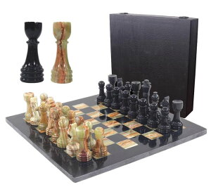 �`�F�X�Z�b�g Marble Chess Set 15 Inches Black & Green Handmade Chess Board Game - 1 Chess Board & 32 Chess Pieces - 2 Player Games for Adults - Chess Sets Game �y���s�A���i�z
