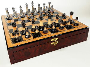 `FXZbg Staunton Chrome & Black Chrome Chess Men Set W 17" Gloss Walnut & Birdseye Maple Color Storage Board ysAiz