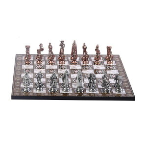 �`�F�X�Z�b�g Medieval British Army Antique Copper Metal Chess Set for Adults, Handmade Pieces and Mosaic Design Wooden Chess Board King 2.75 inc �y���s�A���i�z