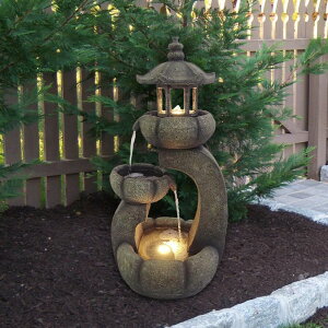 K[f  CeA u^  ̃IuWF EH[^[tH[t@Ee Alpine Corporation WIN1688 2 Layered Pagoda Polystone Fountain w/LED Lights, Waterfall for Garden & Patio, 32" H, Gray ysA