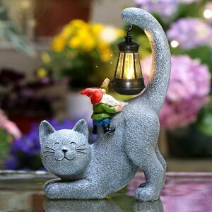 �K�[�f�����C�gLED�\�[���[���C�g �\�[���[�p���[ Snowrabbit Cat Statue Garden Decor with LED Lantern, Solar Cat Figurine for Outside -11 Tall Resin Kitten Yard Art Gifts for Mom,Birthday Gift for Women,Cat Statues for Garden,Patio,Y �y