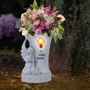 �K�[�f�����C�gLED�\�[���[���C�g �\�[���[�p���[ Memorial Gifts for Cemetery - Garden Angel Statue with Solar Led Light and Vases, Remembrance Gifts, Cemetary Grave Decorations (White) �y���s�A���i�z