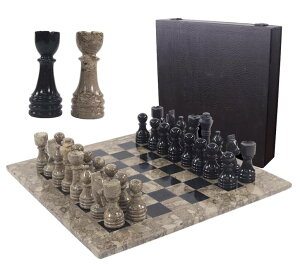 �`�F�X�Z�b�g Marble Chess Set 15 Inches Oceanic and Black Handmade Tournament Chess Sets for Adults - Including 2 Extra Queens and Complimentary Storage Box �y���s�A���i�z