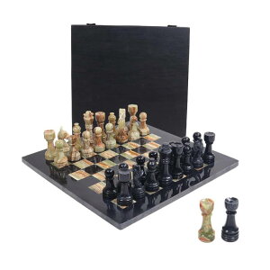 `FXZbg Marble Chess Set 12 Inches Black & Multi Green Handmade Tournament Chess Board Game for Adults -Including 2 Extra Queens and Complimentary Storage Box ysAiz