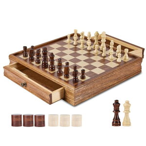 `FXZbg VEVOR Solid Wood Chess Set, 15 inch 2-in-1 Chess Checkers Game Set, Chess Board Games with Storage Drawer & Weighted Chess Checkers Pieces & 2 Queens, for Adults Kids Tournament Professional Beginner ysAiz