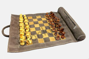 �`�F�X�Z�b�g Stonkraft - 19" x 15" (Chess Board Size 12" x 12") Genuine Roll-Up Leather Chess Set - with Wooden Chess Pieces - Brown | with Innovative Carry Pouch �y���s�A���i�z