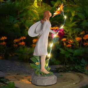 K[fCgLED\[[Cg \[[p[ Ovewios Fairy Garden Statue Outdoor Decor, Solar Powered Garden Sculptures Fairy Resin Statues Waterproof Yellow Flower Solar LED Lights Yard Art Decorations for Outside Patio Lawn Gar y