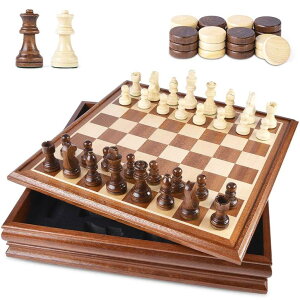 `FXZbg VAMSLOVE Chess and Checkers Board Game Sets for Adults Wooden Deluxe 15 inch Wood Board Box with Storage, Classic 2 in 1 Large Size with Chess Pieces - 3h King Height - 2 Extra Queens ysAiz