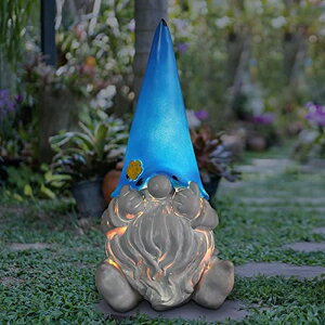 �K�[�f�����C�gLED�\�[���[���C�g �\�[���[�p���[ Exhart Garden Gnome, See No Evil Blue Hat Solar Garden Statue Sculpture with Grey Stone Finish, 3 LED Lights, Outdoor Lawn and Yard Decoration, 5.5 x 5 x 10 Inch �y���s�A���i�z