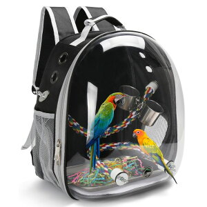 �C���R ���� �o�[�h �g���x���L�����A�[ Bird Travel Backpack Carrier, Bird Cage for Small Medium Size Bird Parakeet Budgies Cockatiel, Space Capsule Clear Bubble Window with Stainless Steel Tray Food Bolw Standing Perch (Black) �y���s�A