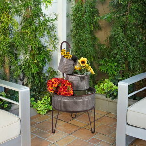 K[f  CeA u^  ̃IuWF EH[^[tH[t@Ee Alpine Corporation YHL684 Outdoor Floor 3-Tier Vintage Tubs and Planters Fountain, Rustic Metal Garden Fountain 33", Silver y