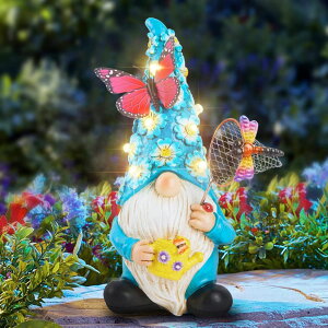 �K�[�f�����C�gLED�\�[���[���C�g �\�[���[�p���[ Foreby Garden Gnome Statues Outdoor Decor Solar Gnomes with Butterfly on LED Lighted Flowers, Resin Blue Gnomes Sculpture for Patio Yard Lawn Onament Decoration �y���s�A���i�z