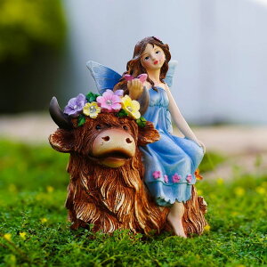 K[fCgLED\[[Cg \[[p[ twinbling Blue Garden Fairy Sitting on Highland Cow with Flower and 5 LED Lights - Angel Statues for Home Table Patio Yard Balcony Lawn - Christmas Birthday Gifts for Grandma Mom Women y