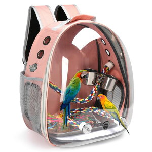 �C���R ���� �o�[�h �g���x���L�����A�[ Bird Travel Backpack Carrier, Bird Cage for Small Medium Size Bird Parakeet Budgies Cockatiel, Space Capsule Clear Bubble Window with Stainless Steel Tray Food Bolw Standing Perch (Pink) �y���s�A