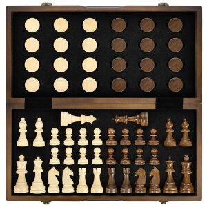 �`�F�X�Z�b�g AMEROUS Magnetic Wooden Chess and Checkers Game Set, 15 Inches (2 in 1) Chess Board Games, 2 Extra Queens - Gift Package - Game Pieces Storage Slots, Beginner Chess Set for Kids, Adults �y���s�A���i�z