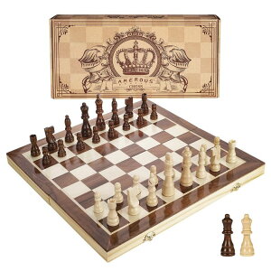`FXZbg AMEROUS 15 Inches Magnetic Wooden Chess Set - 2 Extra Queens - Folding Board - Pieces Storage Slots, Handmade Portable Travel Chess Game - Beginner Chess Set for Kids, 6 up Age ysAiz
