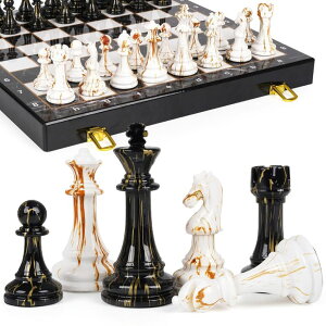 `FXZbg 15" Large Chess Set for Adults with Weighted Acrylic Chess Pieces 3.5" King & Portable Folding Marbling Wooden Chess Board Travel Chess Sets Family Board Game Gift ? Elegant Classic Chess Game ysAiz