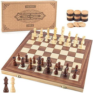 `FXZbg AMEROUS 15'' Wooden Chess & Checkers Set, 2 in 1 Board Games -2 Extra Queens -24 Cherkers Pieces - Gift Box Packed - Chessmen Storage Slots, Beginner Chess Set for Kids and Adults ysAiz