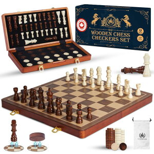 `FXZbg ECOCRAFTER 15'' 2 in 1 Wooden Magnetic Chess and Checkers Set (2 Extra Queens, Foldable Board & Cotton Storage Bag) Magnetic Chess Sets for Adults with Color Gift Box, Handmade Checkers Board Game ysAiz