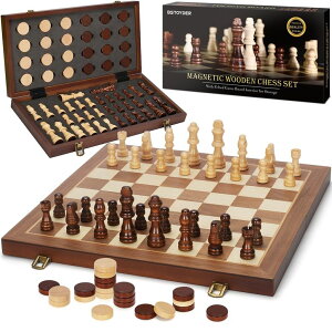 `FXZbg 2 in 1 Magnetic Wooden Chess and Checkers Board Game Set, 15" Folding Chess Boards with 2 Extra Queens, Portable Travel Chess Sets with Pieces Storage Slots, Beginner Chess Game Set for Kids, Adults ysAiz