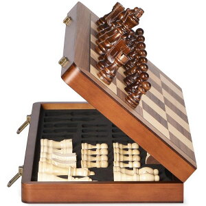 `FXZbg ELONGDI 15" Wooden Chess Set with Magnetic Pieces - Extra Queens - Folding Chessboard Portable Travel Tournament Chess Board Games for Adults Kids ysAiz