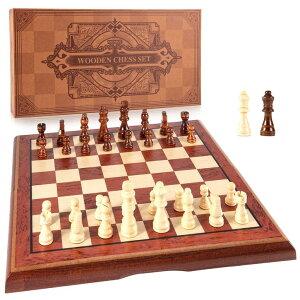`FXZbg AMEROUS 15'' Magnetic Wooden Chess Set -Folding Board -2 Extra Queens -Chessmen Storage Slots -Gift Package, Travel Chess Board Game Sets for Kids and Adults ysAiz