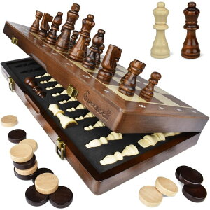 �`�F�X�Z�b�g 15-Inch Magnetic Chess Set - 2 in 1 Chess and Checkers Board Game for Adults and Kids - Tournament Chessboard with Wooden Pieces �y���s�A���i�z