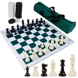 `FXZbg Juegoal 20" Portable Chess & Checkers Set, 2 in 1 Travel Board Games for Kids and Adults, Folding Roll up Chess Game Sets, Extra 26 Checker Pieces, Tournament Thick Mousepad Mat with Storage Bag ysAiz