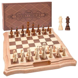 `FXZbg AMEROUS 15.6 inches Magnetic Wooden Chess Set, Handheld Style Chess Board Game Sets with Game Pieces Storage Slots - 2 Extra Queens - Gift Package, Chess for Beginner, Kids and Adults ysAiz