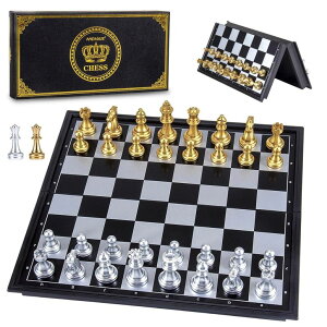 `FXZbg AMEROUS 10'' Magetic Travel Chess Set, Plastic Portable Folding Chess Board Game with Gold and Silver Chess Pieces - 2 Extra Queens - Chess for Beginner, Kids, Adults ysAiz