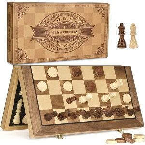 `FXZbg AMEROUS 15'' Magnetic Wooden Chess & Checkers Game Set -2 Extra Queens -24 Cherkers Pieces - Chessmen Storage Slots, Beginner Chess Set for Kids and Adults, Classic 2 in 1 Board Games ysAiz