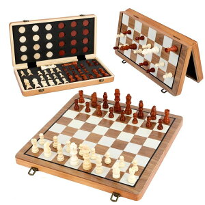 `FXZbg MerryPony Wooden Chess Set for Adults & Kids, 15" Foldable Wooden Chess Board with 2 Extra Queens, 2 in 1 Chess and Checkers Set, Travel Magnetic Chess Game Set, Beginner Chess Set for Kids ysAiz
