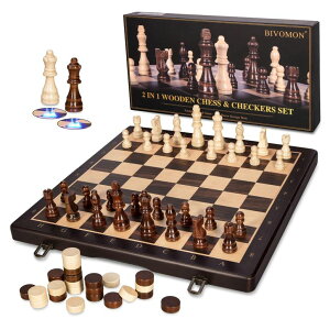 `FXZbg BIVOMON 2-in-1 Wooden Chess Checkers Set - 15'' Foldable Magnetic Chess Set - Travel Checkers Board Game for Adults & Kids - Chess Board Games-2 Extra Queens -24 Thickened Checkers Pieces ysAiz