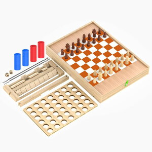 `FXZbg 5-in-1 Wooden Board Game Set with Chess, Checkers, Shut The Box, Hockey Game Sling Puck, for Kids, Adults and Family Fun. ysAiz