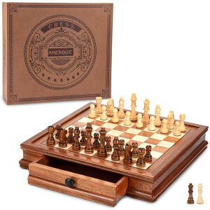 `FXZbg AMEROUS 12.5'' x 12.5'' Magnetic Wooden Chess Set, Chess Board Game with 2 Built-in Storage Drawers - 2 Bonus Extra Queens - Gift Packaging - Chess for Beginner, Kids and Adults ysAiz